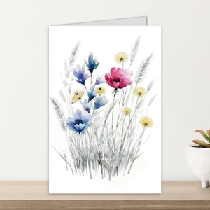 Detailed watercolor floral illustration featuring red poppies and blue cornflowers on cards