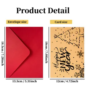Set de tarjetas de Año Nuevo con sobre rojo y tarjeta kraft de árbol y copo de nieve