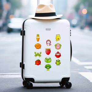 Waterproof vegetable animal cartoon stickers on a white suitcase for travel decoration