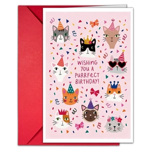 Carte anniversaire chat rose avec enveloppe rouge et texte Wishing You a Purrfect Birthday