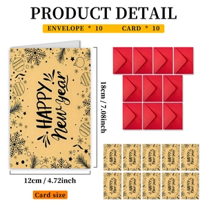 Set of 10 New Year cards with red envelopes featuring snowflakes and 12x18cm size labels