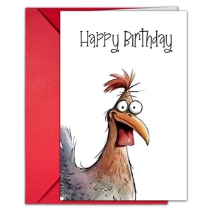 Detail of Happy Birthday card with funny watercolor rooster illustration and red envelope