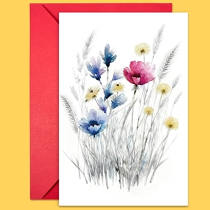 Detailed view of watercolor botanical greeting cards on vibrant red envelopes
