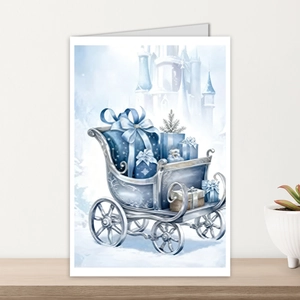 Detailed watercolor Christmas card featuring a silver sleigh and blue gift boxes on wood
