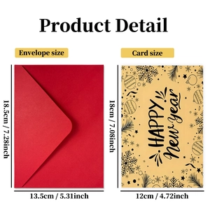 Vintage New Year greeting card and red envelope set with size dimensions and festive motifs