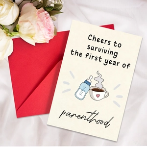 Greeting card for new parents with red envelope and white roses on silk fabric
