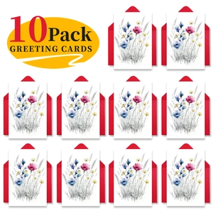 Detailed grid view of 10-pack floral watercolor greeting cards with red envelopes