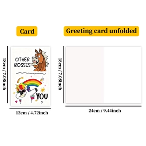 Carte d'anniversaire humoristique avec licorne et mesures de dimensions détaillées