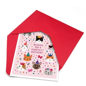 Carte d'anniversaire chat rose avec enveloppe rouge et illustrations mignonnes