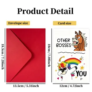 Funny cartoon birthday card with red envelope and detailed product size specifications
