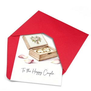Wedding card set with gold rings illustration and red envelope for the happy couple