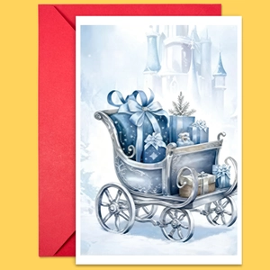 Close-up of blue watercolor Christmas card with silver sleigh and red envelope