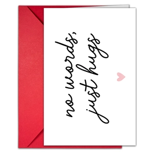 Set di biglietti d'auguri minimalisti con busta rossa e testo 'no words, just hugs'