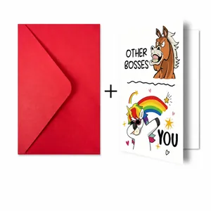 Funny cartoon birthday card set with red envelope showing detailed product dimensions