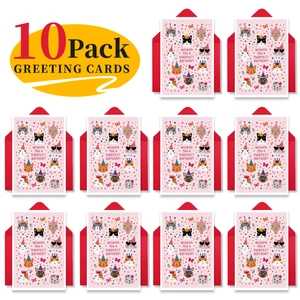 Lot de 10 cartes d'anniversaire chat rose avec enveloppes rouges assorties