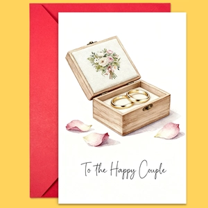 Wedding card detail featuring watercolor rings in a wooden box with red envelope