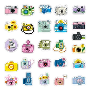 Set mit 25 bunten Cartoon-Fotostickern mit Kameras und floralen Motiven für Deko