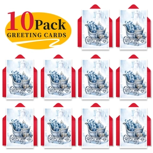 Set of 10 winter watercolor Christmas cards featuring blue sleigh designs and red envelopes