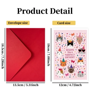 Carte d'anniversaire chat rose avec enveloppe rouge et motifs de chats mignons