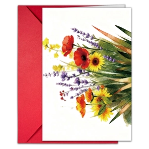 Detail of floral greeting card with watercolor botanical illustration and red envelope