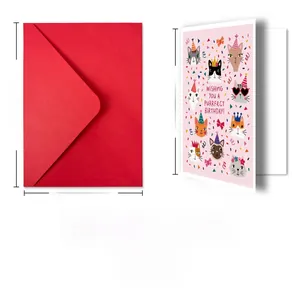 Set carte d'anniversaire chat rose avec enveloppe rouge et texte Wishing You a Purrfect Birthday