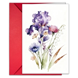 Detailed macro view of watercolor floral greeting card with vibrant red envelope