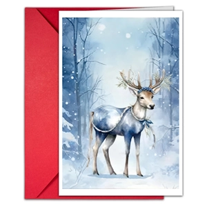 Detailed view of winter watercolor reindeer greeting card with a bright red envelope