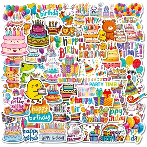 Cartoon Happy Birthday Stickers Waterproof PVC Cute Animal Cake Balloon Graffiti Decals For Kids Party Decoration