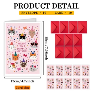 Lot de cartes d'anniversaire chat rose avec dix enveloppes rouges pour enfants