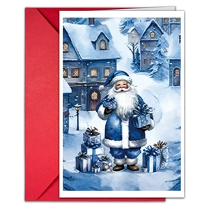 Detail of blue watercolor Christmas card with Santa Claus and a festive red envelope