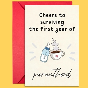 Macro shot of a New Parent card and red envelope on yellow background with witty text