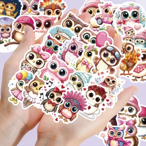 Adorable set of pink cartoon owl graffiti stickers held in hands for decoration