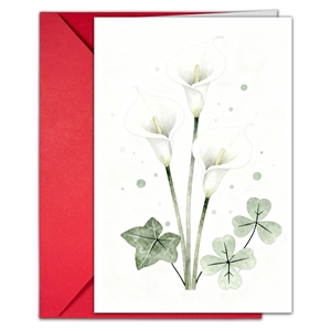 Detail of watercolor calla lily greeting card with a vibrant red envelope set