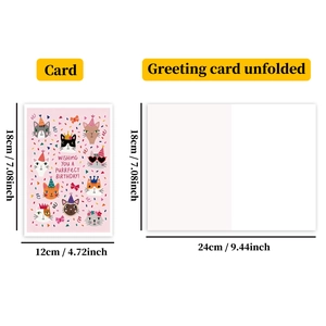 Dimensions détaillées pour la carte d'anniversaire chat rose avec vue intérieure ouverte