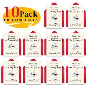 Set of 10 parenthood celebration cards with red envelopes and coffee cup graphics