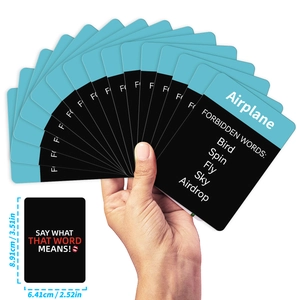 Detailed view of adult word guessing game cards with precise dimension measurements