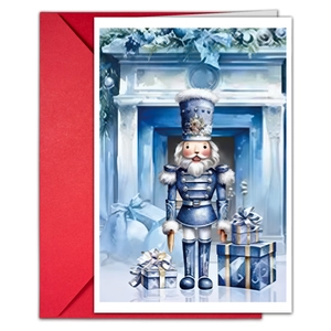 Detailed watercolor Christmas card featuring a blue Nutcracker and a classic red envelope