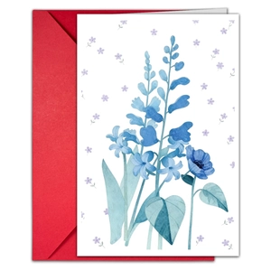 Detail of floral greeting card with blue watercolor illustration and red envelope