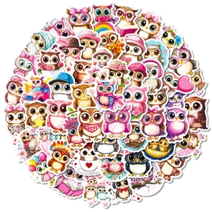 Adorable pink owl cartoon graffiti stickers set for DIY scrapbooking and decoration