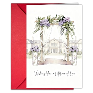 Wedding card detail featuring watercolor floral arch and red envelope with love wishes