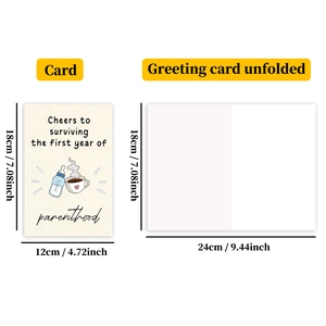 Detailed size guide for new parenthood greeting card with bottle and coffee illustration