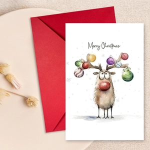 Watercolor Reindeer Christmas Greeting Card Set With Red Envelope Art Paper Xmas Blessing Cards For Holiday Party