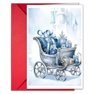 Blue winter watercolor Christmas card with silver sleigh and red envelope set
