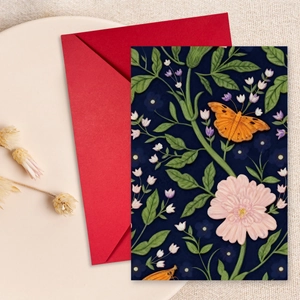 Vintage Floral Greeting Card And Red Envelope Botanical Butterfly Illustration Art Message Card For Wedding Birthday Festival Gift