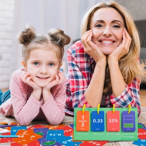 Educational flip chart showing fractions decimals and percentages in a cozy home setting
