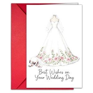 Detail of watercolor wedding card with red envelope and bridal gown floral design