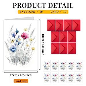 Detailed view of floral greeting cards set with red envelopes and size specifications