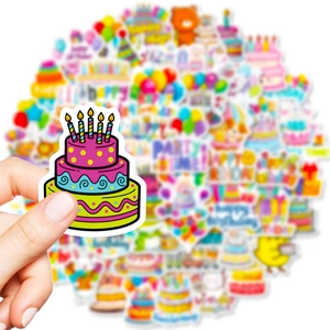 56Pcs cute cartoon happy birthday stickers set with colorful cake and party elements