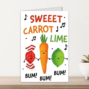 Cartoon fruit and candy greeting card with colorful characters on a wood surface
