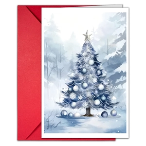 Detail of watercolor Christmas card with blue tree and vibrant red envelope